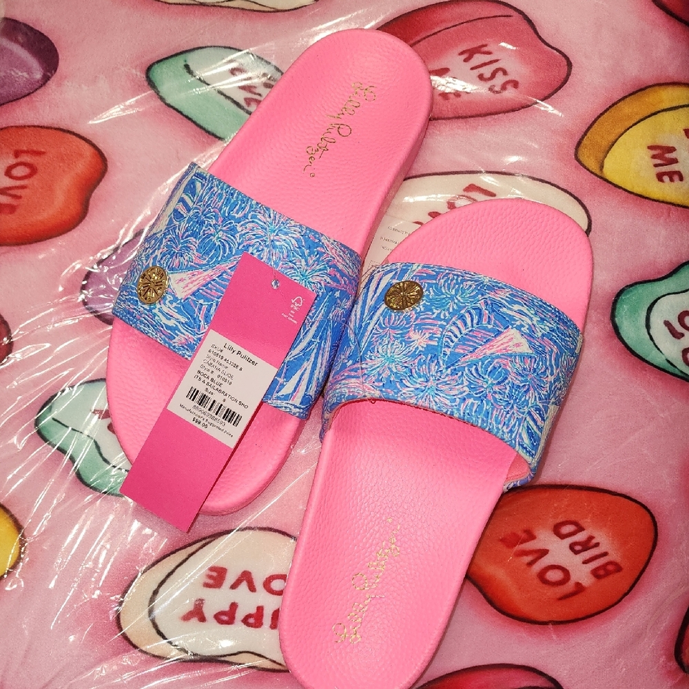 New Lilly Pulitzer Boca Blue Its A Sailabration Show Cabana Slide Sandal Size 8